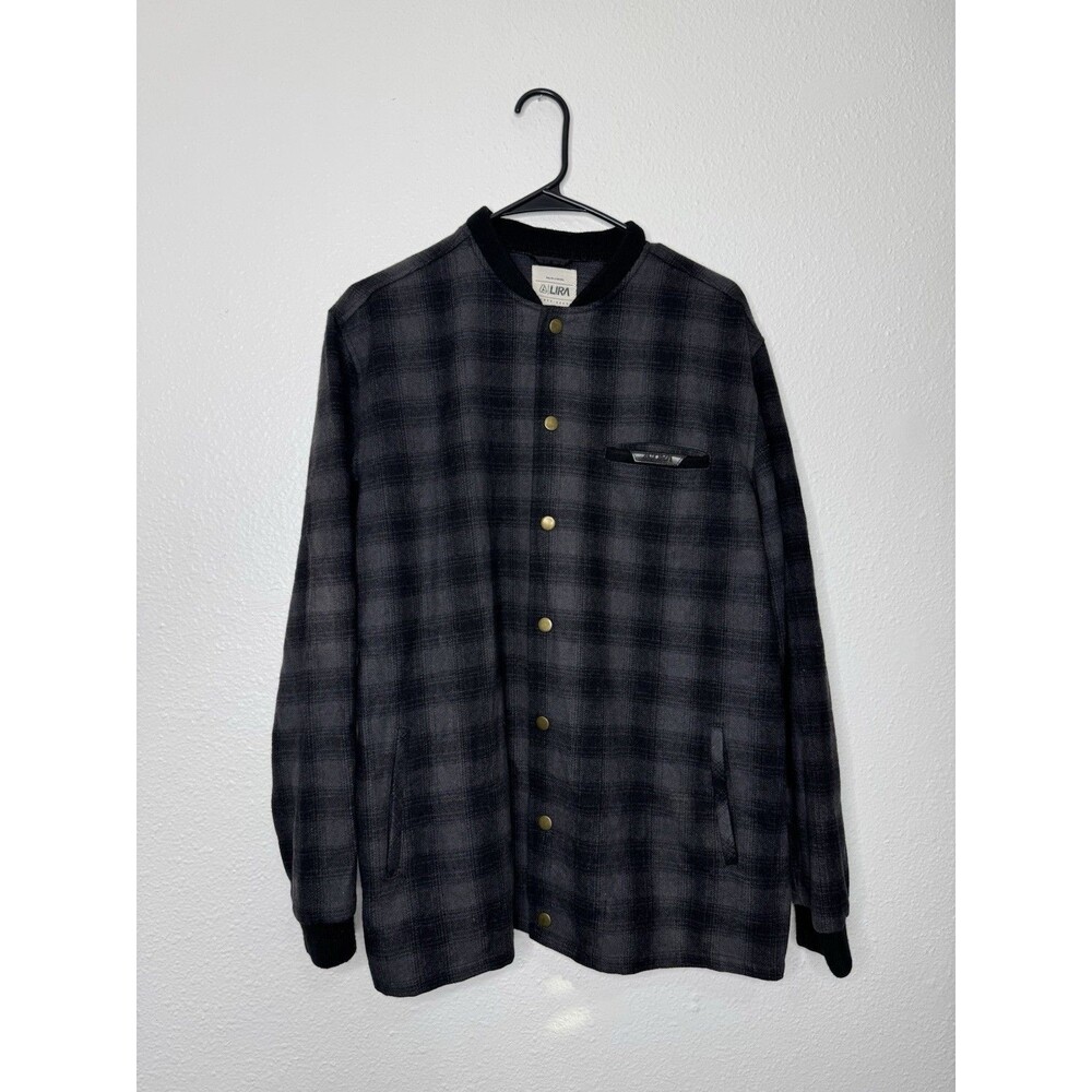 LIRA Men's Charcoal Gray Black Plaid Wool Blend Button Bomber Coat Jacket Size L